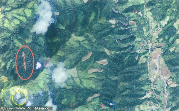 แผนที่ภาพถ่ายดาวเทียมแสดงที่ตั้งบ้านป่ากำ
(ที่มา : สรรวดี เจริญชาศรี, 2553 : 34)