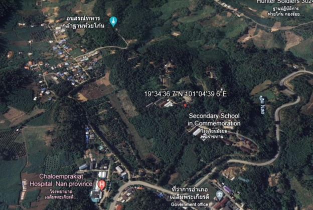 ภาพถ่ายทางอากาศแสดงพิกัดที่ตั้งบ้านห้วยกานต์ (ที่มา : Google Earth)