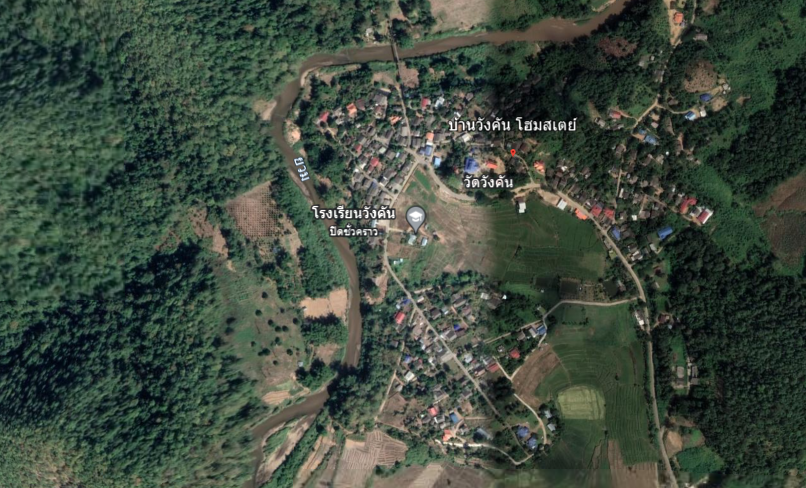 ภาพถ่ายทางอากาศแสดงที่ตั้งบ้านวังคัน (ที่มา : Google Earth, 2563)