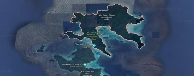 แผนที่ภูมิประเทศแสดงพิกัดและลักษณะทางกายภาพเกาะสุรินทร์
(ที่มา : Earth Google)